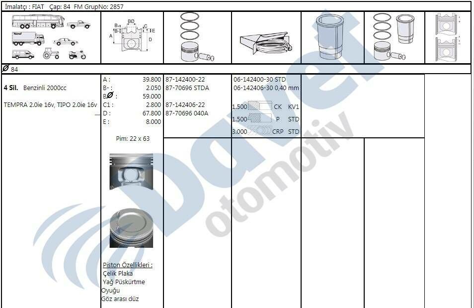 MOTOR PISTON SEGMAN 84.00MM STD FIAT TEMPRA TIPO 2.0IE 16V
