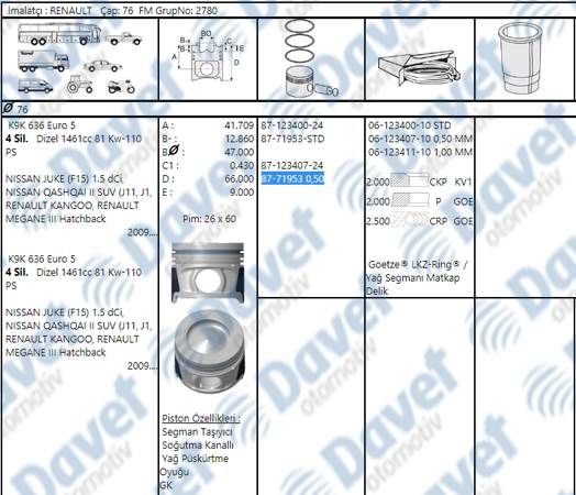 MOTOR PISTON SEGMAN 76.50MM 0.50 RENAULT III RENAULT KANGOO NISSAN QASHQAI JUKE K9K 628 EURO 6 13- MERCEDES OM607 X156 13- W176 12-18 W246 11-18 C117 13-19 CITAN W415 12-