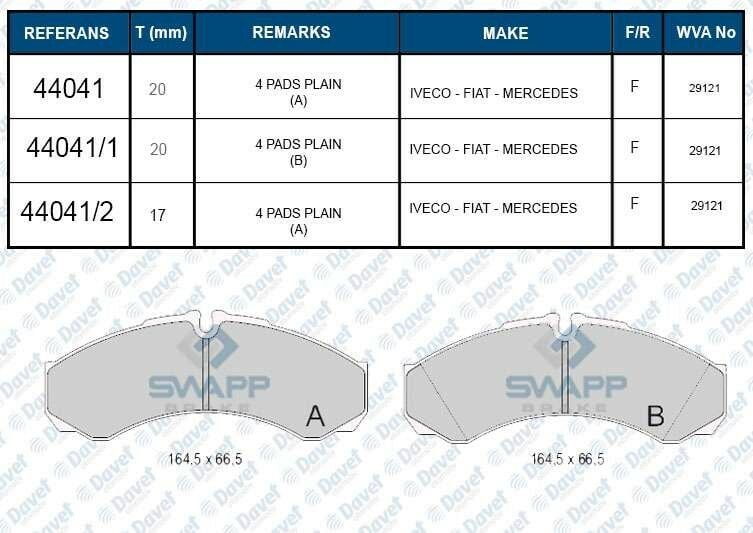 FREN BALATASI ON/ARKA FISSIZ WVA 29121 20.00MM IVECO DAILY 30 2.4D 2.5D 97-> DAILY 40C13 06->