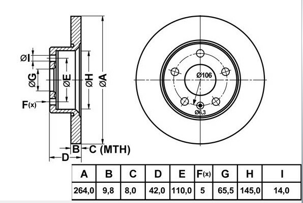 ARKA FREN DISK AYNASI DUZ 5 BIJON ASTRA H MERIVA B CORSA C ASTRA G 2.0DI-2.0 16V-1.8 16V 02-98->2.0DTI 16V-2.0DI 16V-1.8 16V 08-99-> 264mmx10x66.
