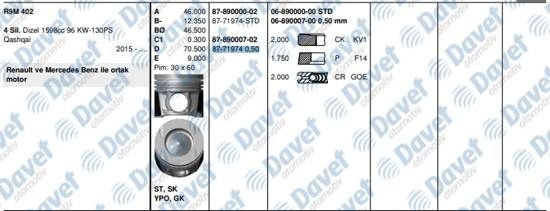 MOTOR PISTON SEGMAN 80.50MM 0.50 NISSAN QASHQAI J11 1.6 DCI 13- MEGANE III SCENIC 1.6 DCI 13- R9M 402 EURO 5 120 130 140 PS MERCEDES OM622.951 VITO W447 14-