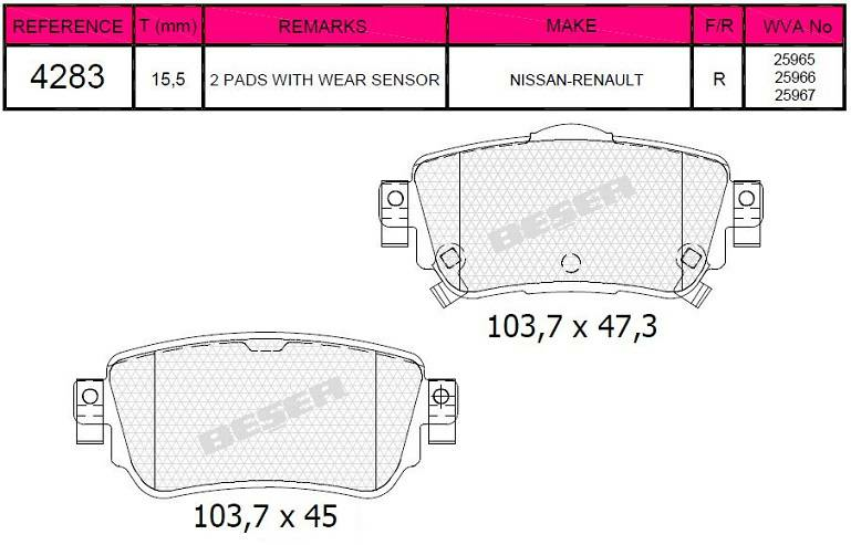 ARKA FREN BALATASI WVA 25965 NISSAN QASHQAI 14> XTRAIL 14> RENAULT KADJAR