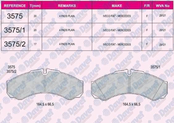 FREN BALATASI ON/ARKA FISSIZ WVA 29121 20.00MM IVECO DAILY 30 2.4D 2.5D 97-> DAILY 40C13 06->