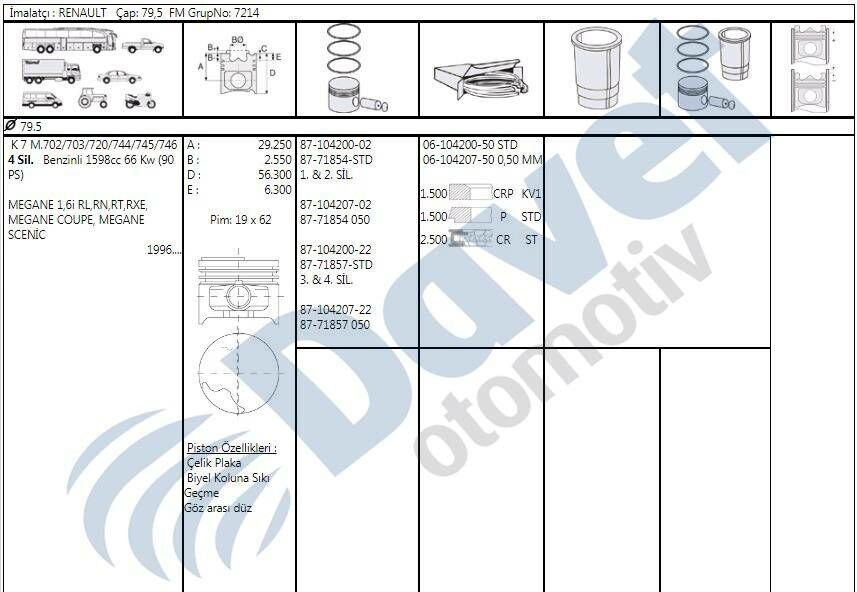 MOTOR PISTON SEGMAN 79.50MM STD RENAULT MEGANE SCENIC R19 CLIO 1.6I K7M 1 / 2 SILINDIR