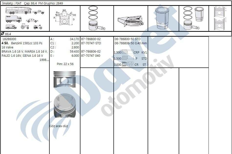 MOTOR PISTON SEGMAN 86.40MM STD FIAT BRAVA BRAVO PALIO SIENA MAREA 1.6 16V
