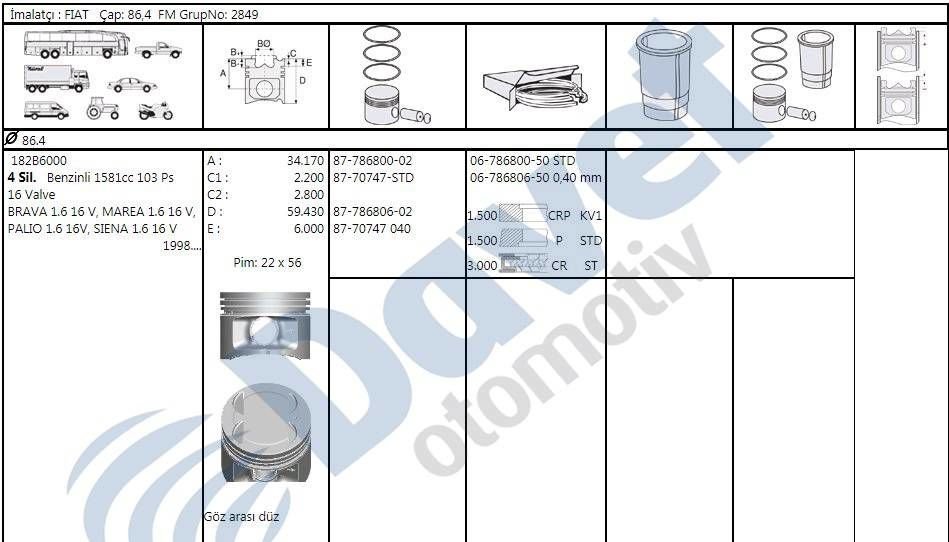 MOTOR SEGMAN 86.40MM STD FIAT PALIO SIEANN MARE BRAVA 1.6 16V
