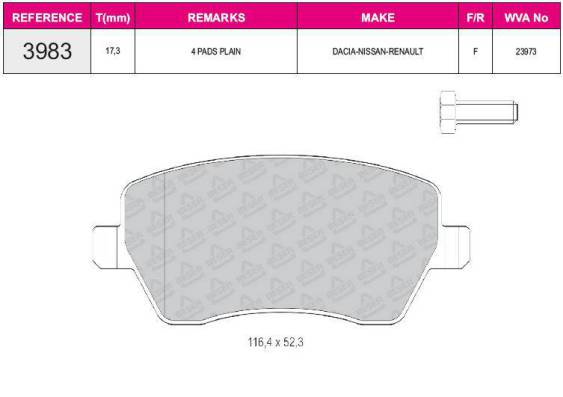 ON FREN BALATASI  WVA 23973 FISSIZ CLIO III 05>12 MODUS 04> NISSAN MICRA III NOTE 02>10 SWIFT III 05>10 MEGANE IV