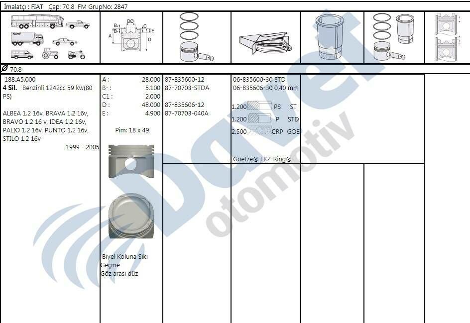 MOTOR SEGMAN 70.80MM 0.40 FIAT ALBEA BRAVA BRAVO STILO IDEA 1.2 16V 80HP 99-05 OLCU 1.2X1.2X2.5