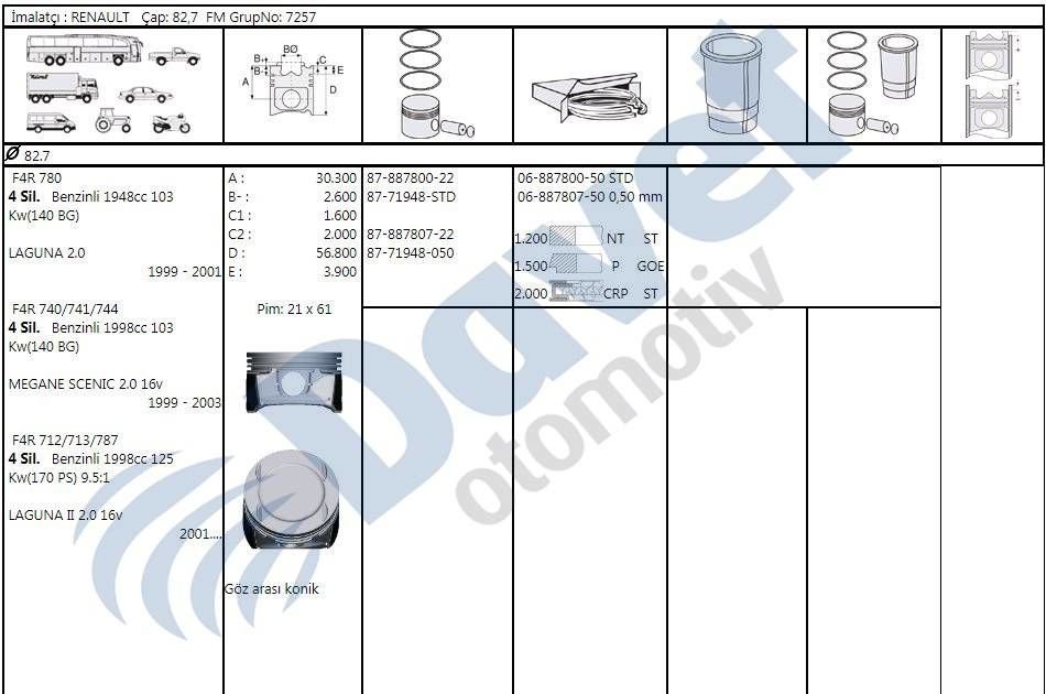 MOTOR PISTON SEGMAN 82.70MM 0.50 RENAULT LAGUNA 2.0 SCENIC 2.0 16V F4R