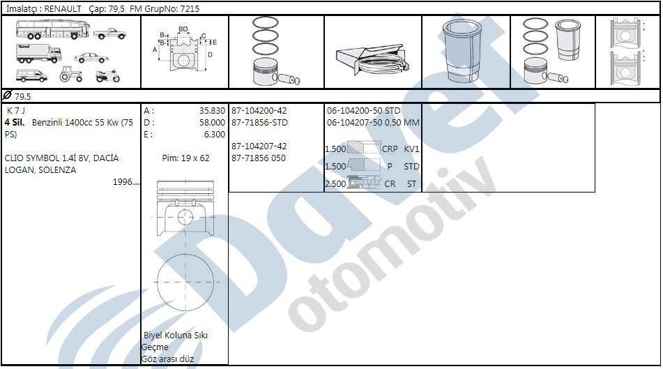 MOTOR PISTON  SEGMAN 79.50MM 050 RENAULT CLIO MEGANE SYMBOL DACIA SANDERO LOGAN 1.4 8V K7J