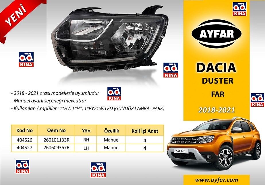 404526 FAR SAĞ DUSTER (2018-2021) (H7+H1 gündüz farı+park) *MOTORSUZ