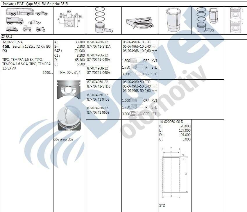 MOTOR SEGMAN 86.4MM STD FIAT TEMPRA SLX 1.6