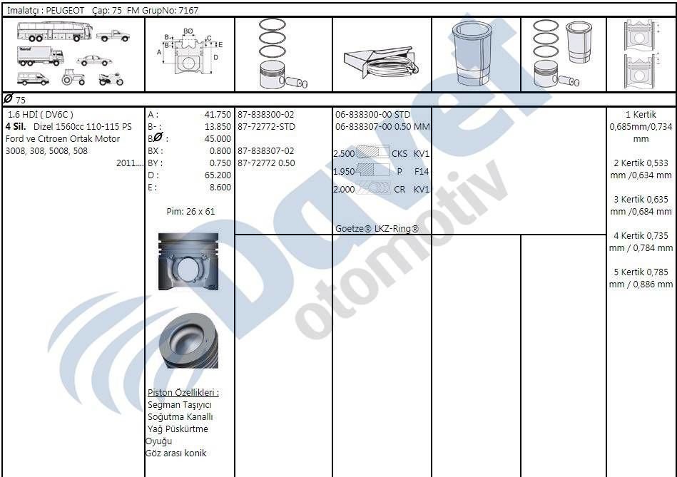 MOTOR SEGMAN STD PEUGEOT P2008 P308 P207 PARTNER TEPE P308 P508 P301 P3008 EXPERT III P208 CITROEN C4 BERLINGO III DS3 C5 III C ELYSEE C3 DV6DTED DV6C 1.6HDI 8V 92BG 115BG OLCU 2.5X1.95X2