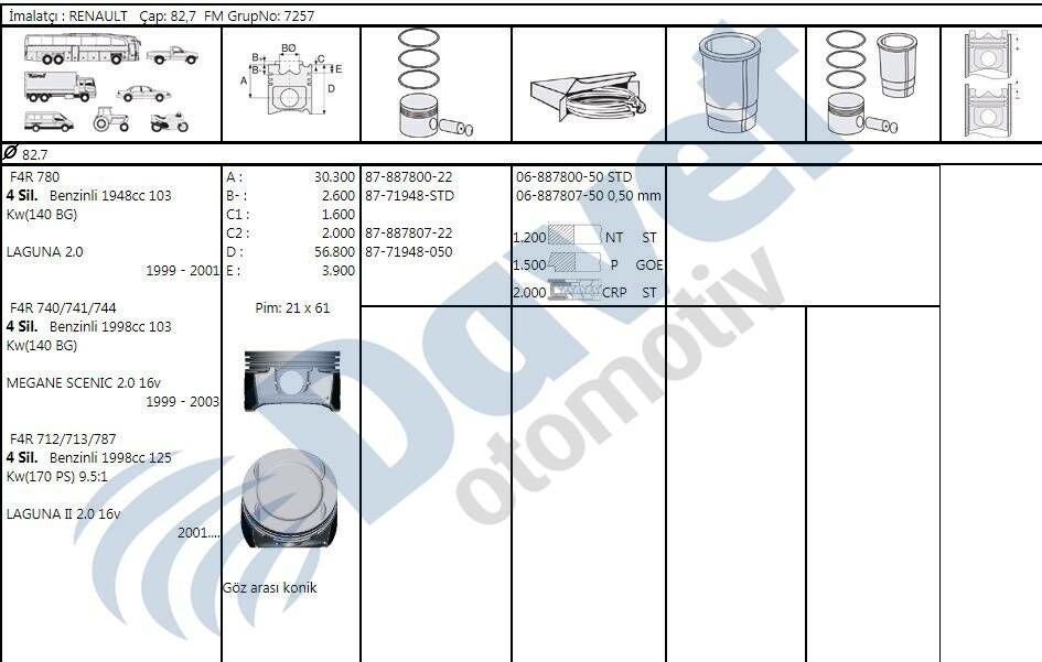 MOTOR PISTON SEGMAN 82.70MM STD RENAULTL LAGUNA II 2.0 SCENIC 2.0 16V F4R