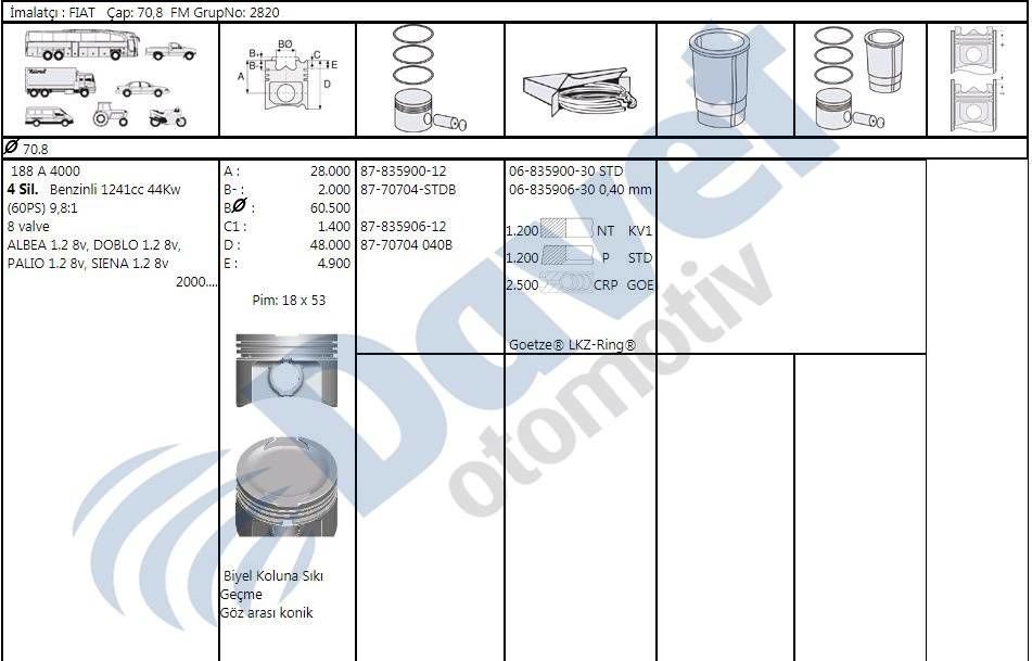 MOTOR SEGMAN 70.80 STD FIAT PALIO PUNTO DOBLO SIEANA 1.2 8V BENZINLI OLCU: 1.2X1.2X2.5