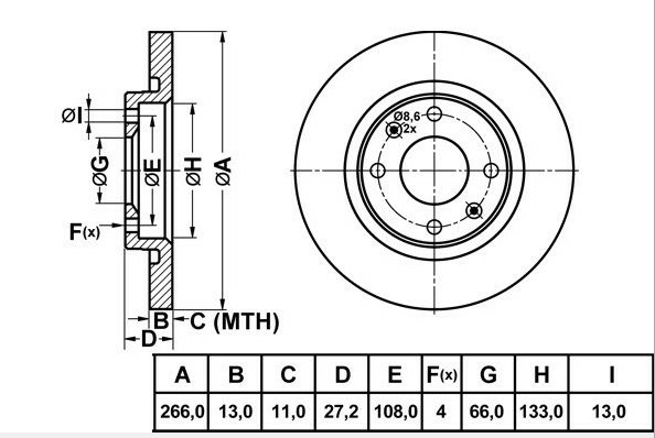 ON FREN DISK AYNASI  DUZ 266mm PARTNER 1.9D 96-> BERLINGO 1.9D 96-02 C2 C3 1.4 1.4HDI 01/02->