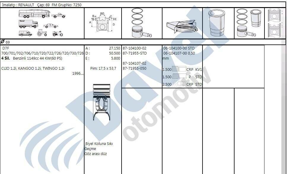 MOTOR SEGMAN 69.00MM STD RENAULT KANGOO CLIO TWINGO 1.2I D7F