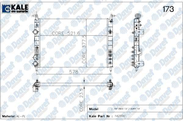 RADYATOR 142800 2SIRA AL+PL SIS.PALIO 1.2 ALBEA 1.6 16V A/C ALIMINYUM