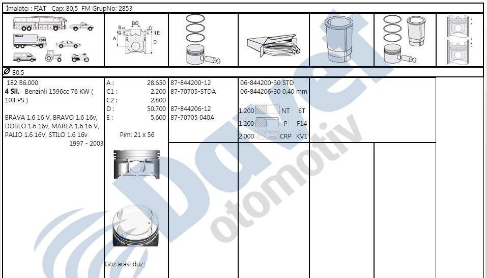 MOTOR SEGMAN 80.50MM 0.40 FIAT DOBLO STILO BRAVO BRAVA MAREA 1.6 16V
