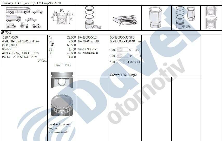 MOTOR SEGMAN 70.80MM 0.40 FARK FIAT PALIO PUNTO DOBLO SIENA 1.2 8V BENZINLI OLCU 1.2X1.2X2.5