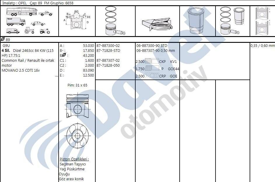 MOTOR PISTON SEGMAN 89.00MM 0.20MM KISA  STD RENAULT MASTER 2.5 DCI G9U MOVANO 2.5CDTI