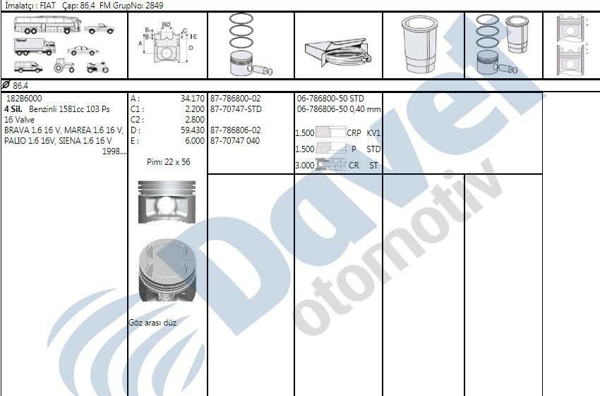 MOTOR PISTON SEGMAN 6.40ÖÖ 0.40 FIAT BRAVA BRAVO PALIO SIENA MAREA 1.6 16V
