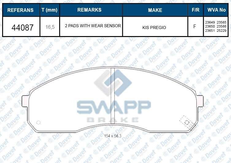 FREN BALATASI ON WVA 23649 KIA PREGIO 00-05 KIA CARNIVAL 01-05 H100 CIFT TEKER