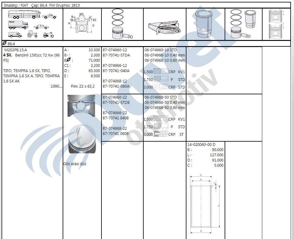 MOTOR PISTON  SEGMAN 86.40MM 0.40MM FARK FIAT TEMPRA SLX 1.6