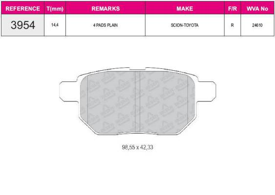 ARKA FREN BALATASI TOYOTA COROLLA 07>12 AURIS 07>12 YARIS 1.0 VVTI 06> 1.8 VVTI 07>BENZINLI