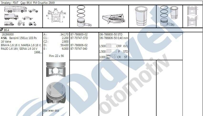 MOTOR SEGMAN 86.40MM 0.40 FIAT PALIO SIENA MAREA BRAVA 1.6 16V