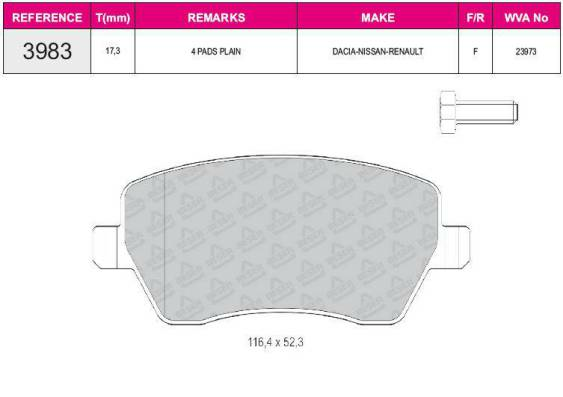 ON FREN BALATASI  WVA 23973 FISSIZ CLIO III 05>12 MODUS 04> NISSAN MICRA III NOTE 02>10 SWIFT III 05>10 MEGANE IV