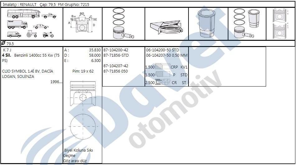 MOTOR PISTON SEGMAN 79.50MM STD RENAULT CLIO MEGANE SYMBOL SANDERO LOGAN 1.4 8V K7J