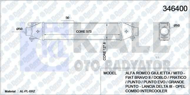 TURBO RADYATORU INTERCOOLER DOBLO III BRAVO 07>PUNTO 1.4TJET-1.6DMTJ-1.9DMTJ 05>199A8.000 572X127X50