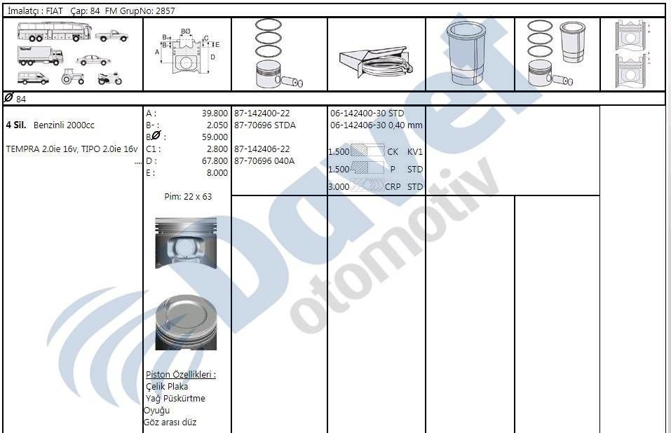 MOTOR PISTON SEGMAN 84.00MM 0.40 FIAT TEMPRA TIPO 2.0IE 16V