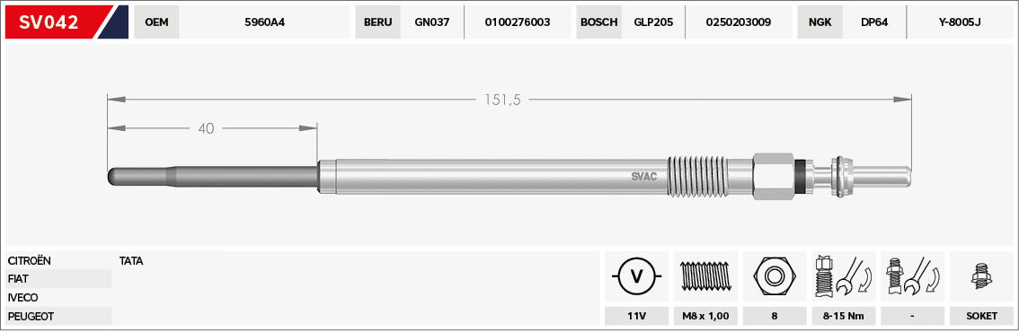 KIZDIRMA BUJISI 11V DUCATO DAILY 2.3 JTD E4 E5 01> KARSAN JEST J10 2.3 JTD E4 E5 07> BOXER III JUMPER III 3.0HDI E5 13> DUCATO III DAILY 3.0JTD E5 11>