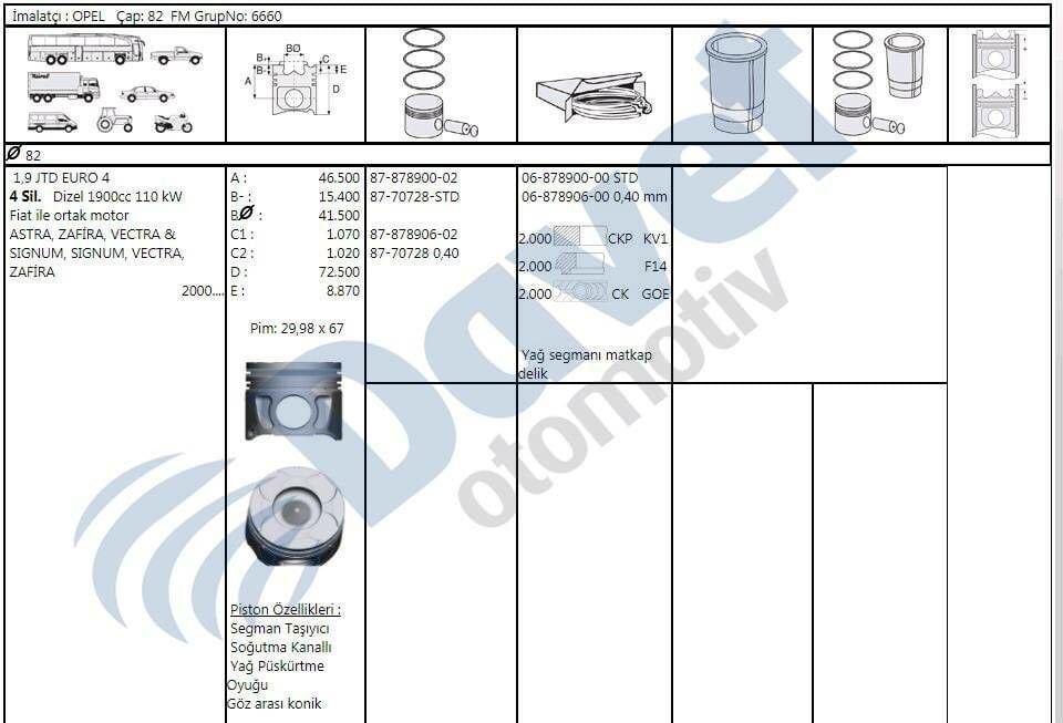 MOTOR SEGMAN 82.00MM STD OPEL ASTRA ZAFIRA VECTRA SIGNUM 1.9JTD EURO4