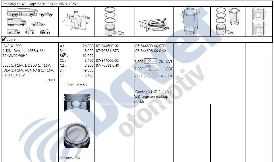 MOTOR SEGMAN 72.00MM 0.40 FIAT PUNTO II STILO IDEA DOBLO FIAT 500 1.4 16V 0HP 03-12