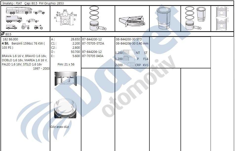 MOTOR SEGMAN 80.50MM STD FIAT DOBLO STILO PALIO BRAVO BRAVA MAREA 1.6 16V