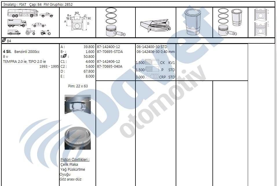 MOTOR SEGMAN 84.00MM 0.60 FIAT TEMPRA TIPO 2.0IE 8V 16V