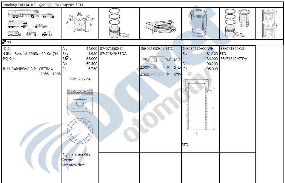 MOTOR SEGMAN 77.00MM STD RENAULT R21 OPTIMA FAIRWAY R9 1.6C