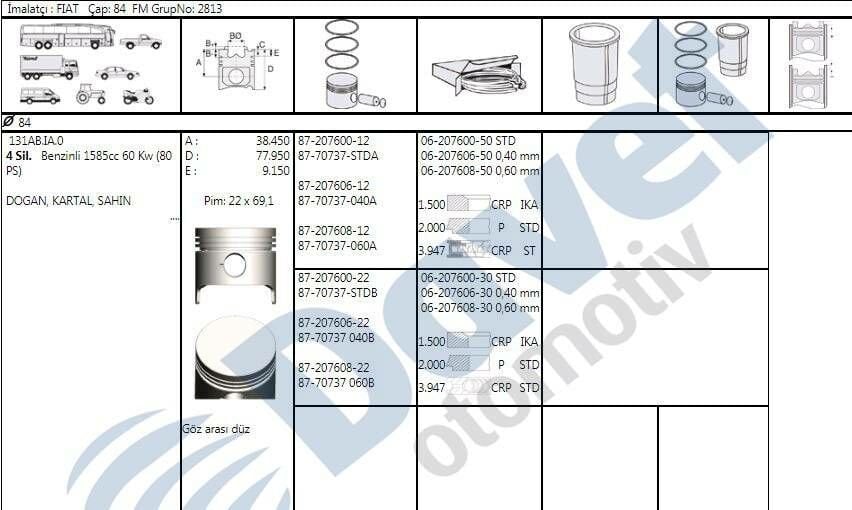 MOTOR SEGMAN 84MM STD FIAT M131 1.6 KROM KAPLI